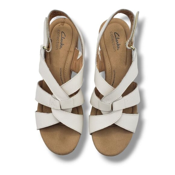 Clarks‎ Collection Giselle Beach Wedge Sandals Womens 11 White Leather Cork - Picture 7 of 9